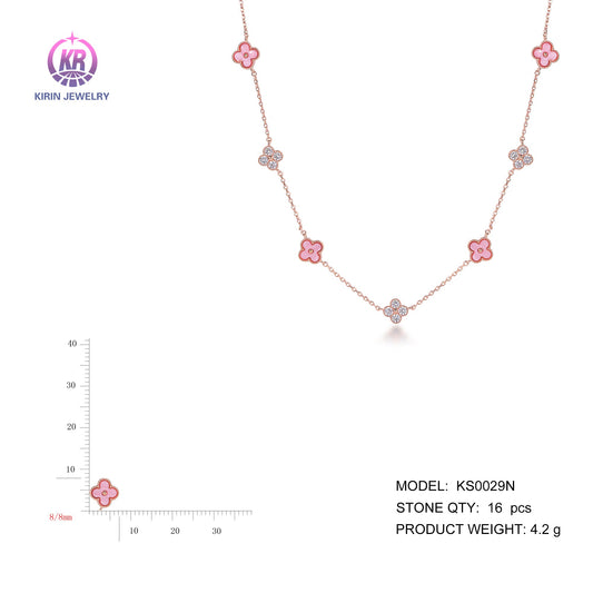 925 silver four leaf clover necklace with rose gold plating CZ 0029N Kirin Jewelry