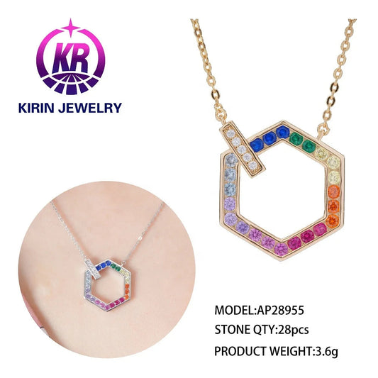 925 silver hexagonal pendant rose gold hexagonal pendant necklace rainbow hexagonal crystal pendant Kirin Jewelry