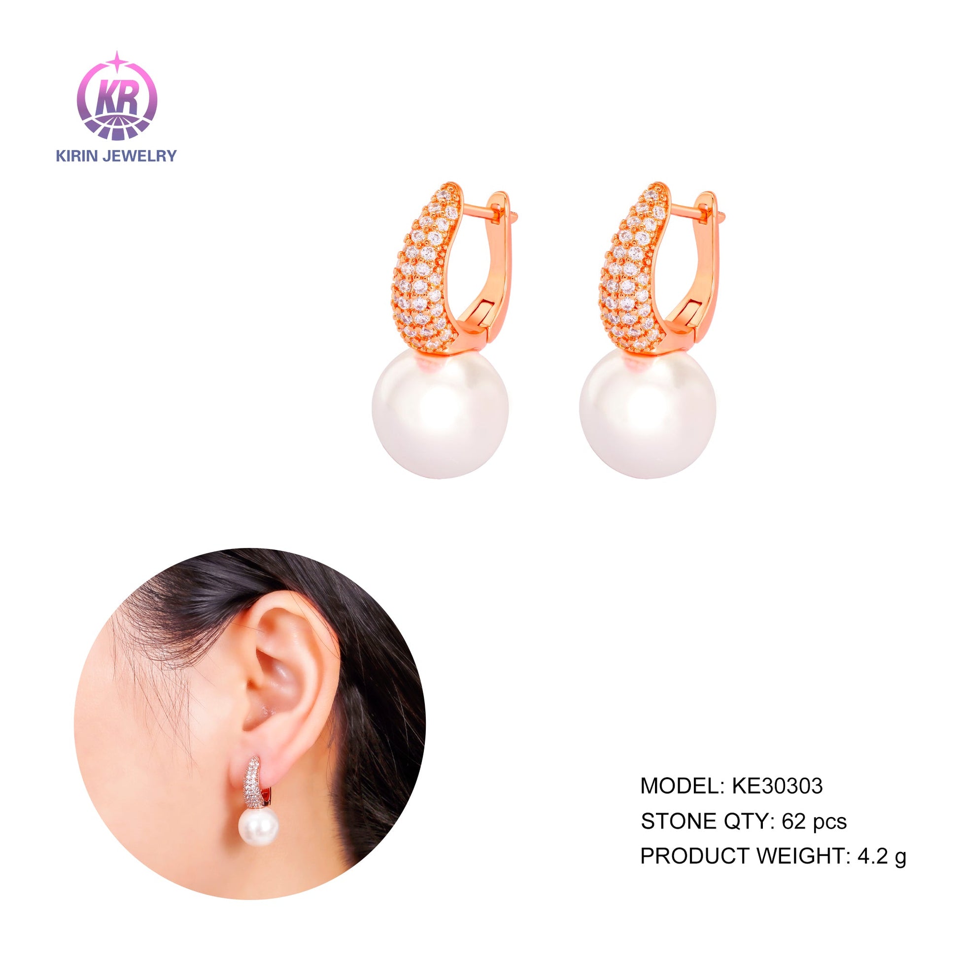 925 silver huggie earring with pearl CZ 30303 Kirin Jewelry