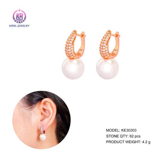 925 silver huggie earring with pearl CZ 30303 Kirin Jewelry