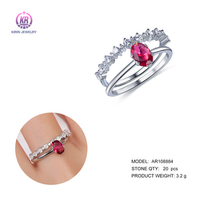 925 silver oval ring with rhodium plating Ruby CZ 108884 Kirin Jewelry