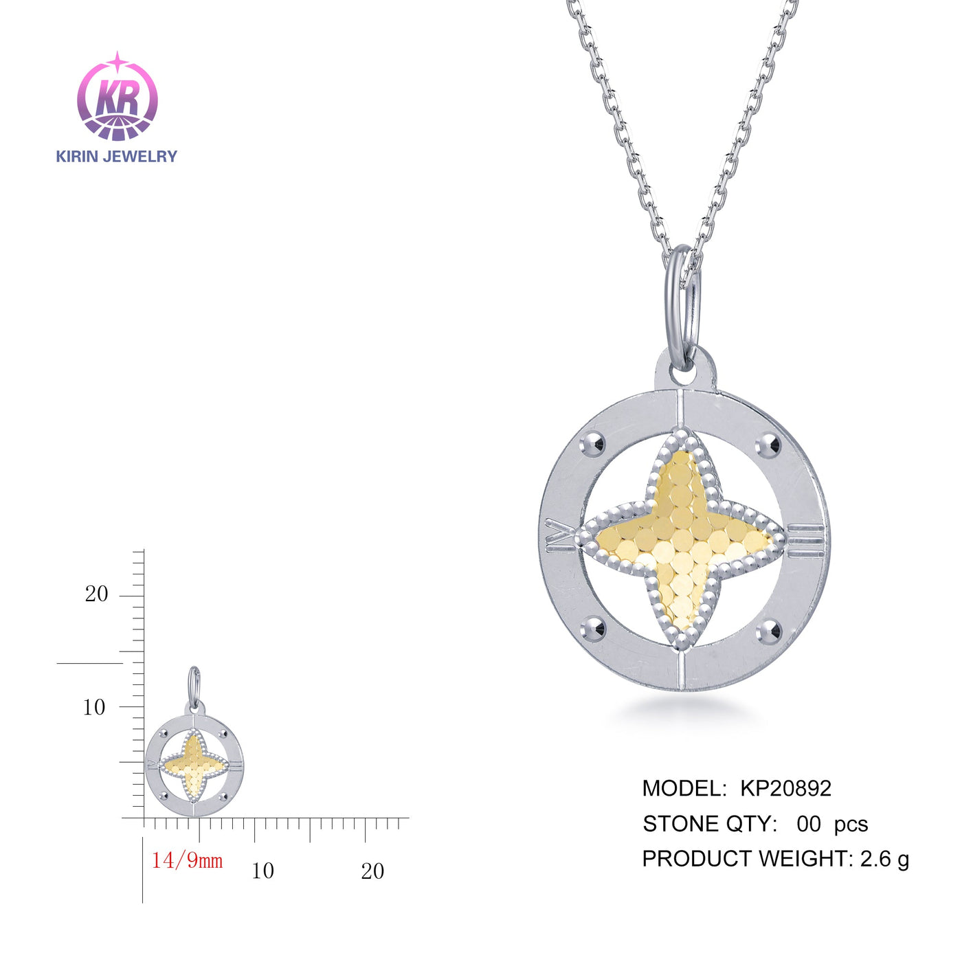 925 silver pendant with 2-tone plating rhodium and 14K gold KP20892 Kirin Jewelry