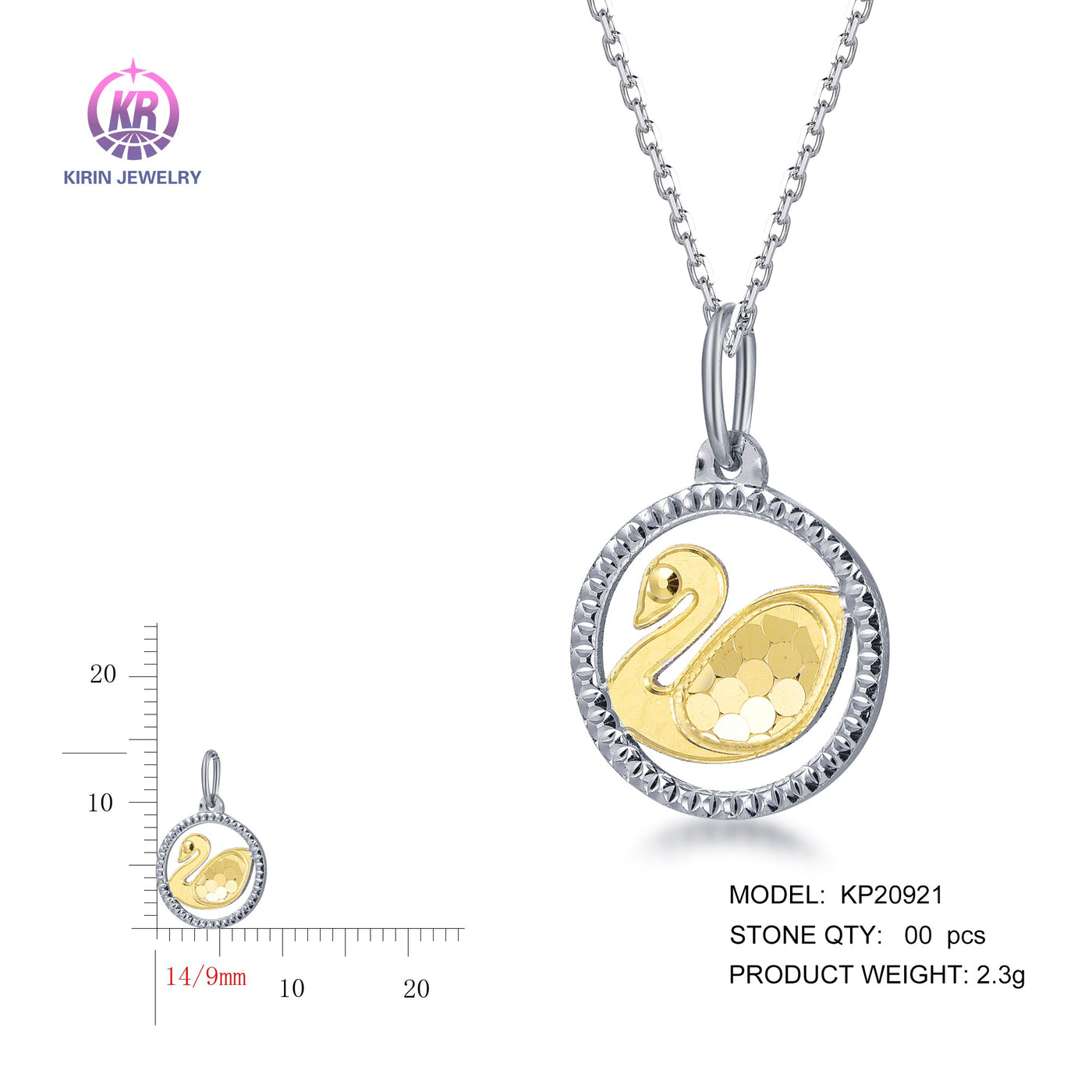 925 silver pendant with 2-tone plating rhodium and 14K gold KP20921 Kirin Jewelry