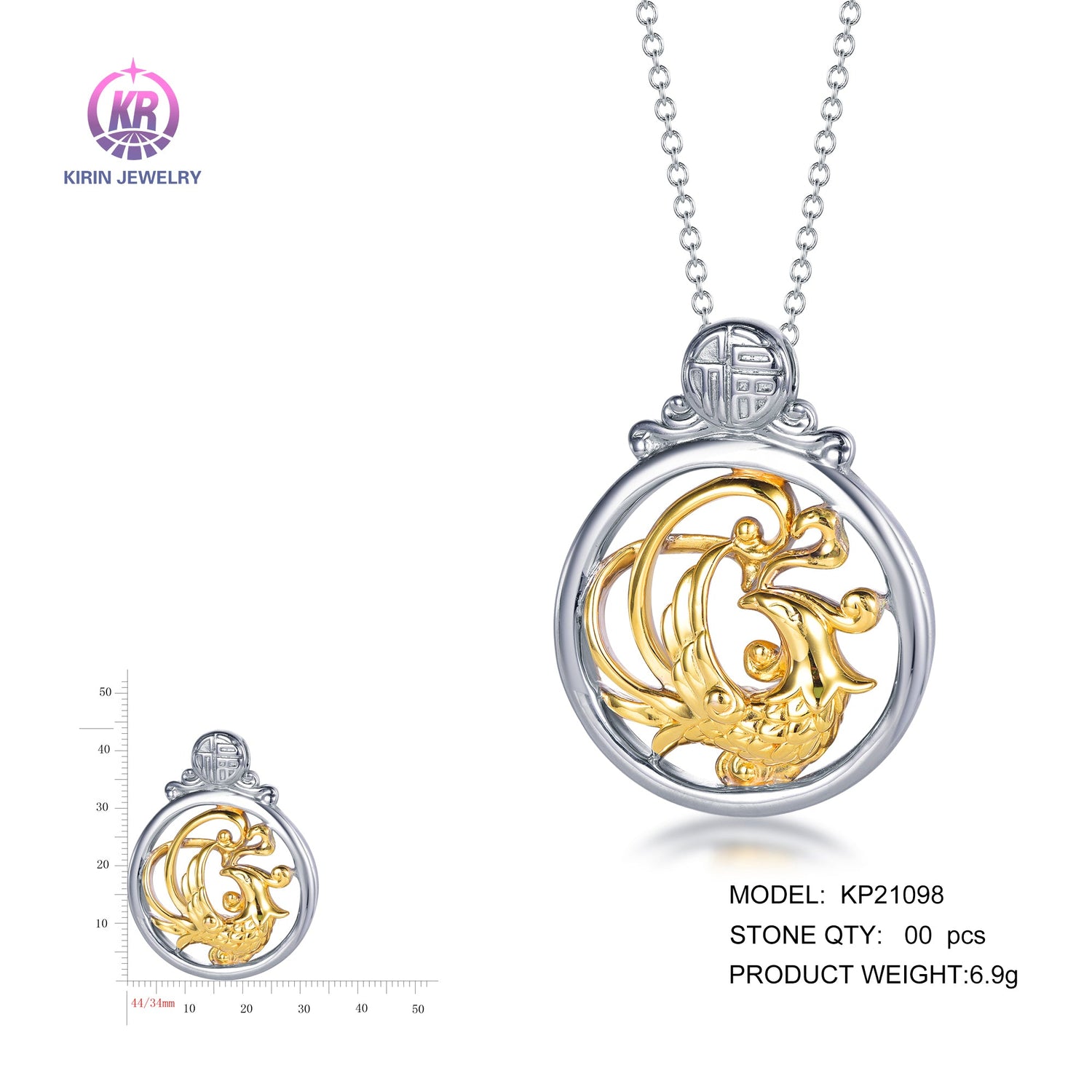 925 silver pendant with 2-tone plating rhodium and 14K gold KP21098 Kirin Jewelry