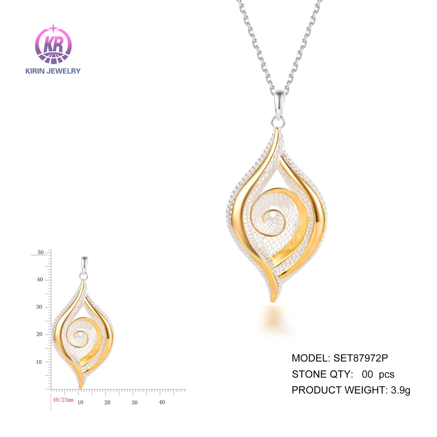 925 silver pendant with 2-tone plating rhodium and 14K gold SET87972P Kirin Jewelry