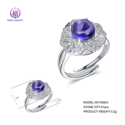 Wholesale Silver CZ & Glass Simulated Violet Amethyst & Diamond Open Purple Flower Ring