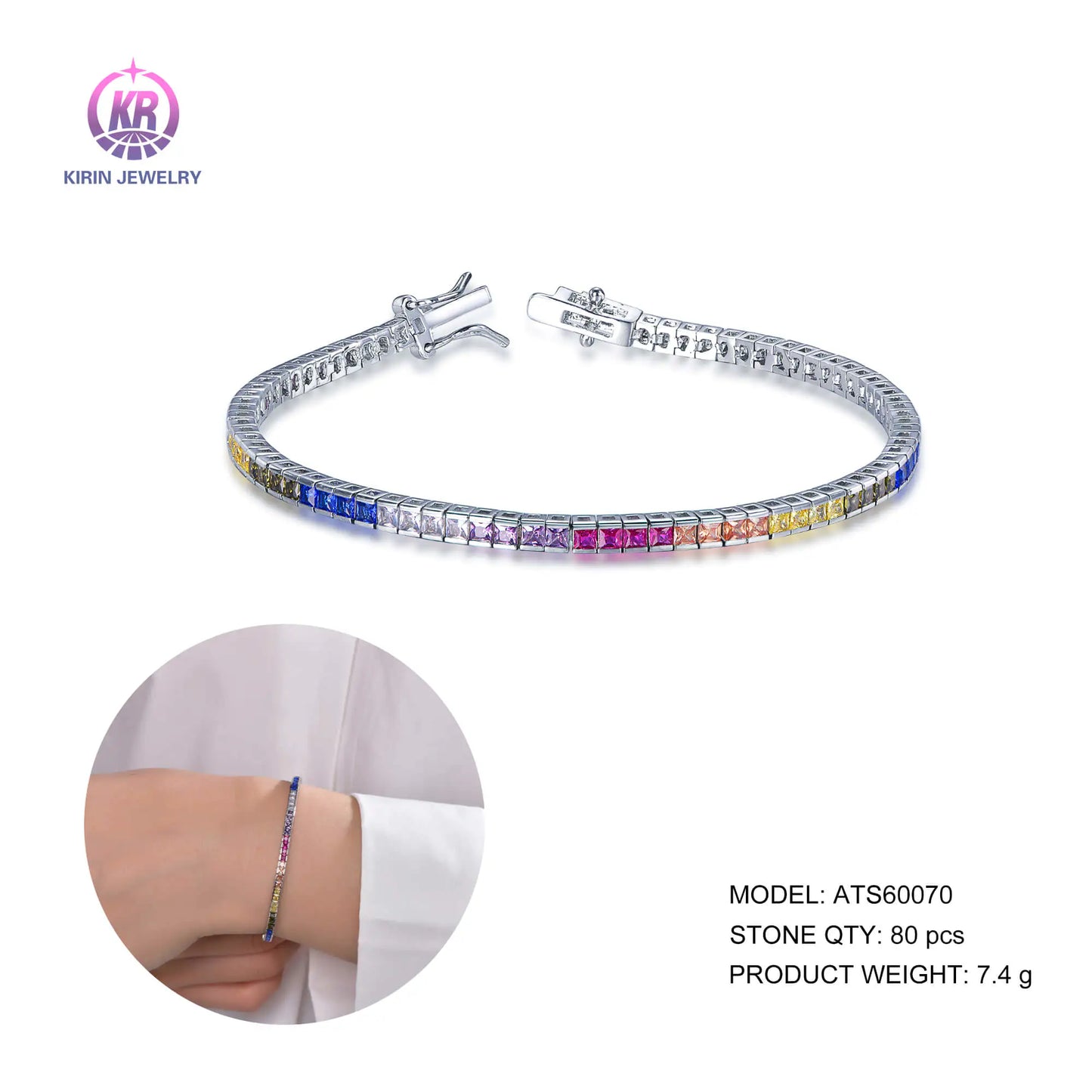 Custom Silver CZ & Spinel & Corundum Square Cut Multi Color Tennis Bracelet