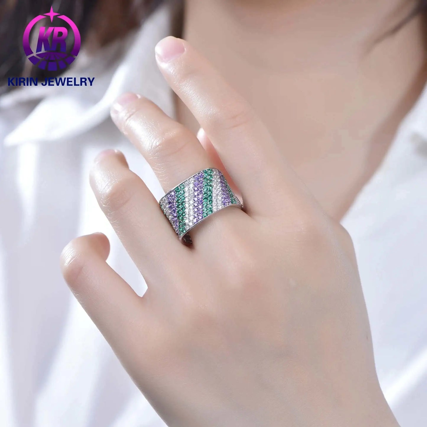 Custom 3 Color CZ and Nano Pave Set Chunky Wide Band Engagement Rings for Women