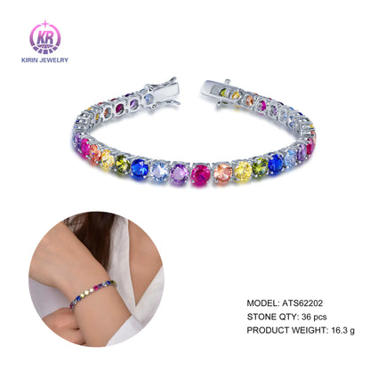 Custom Silver CZ & Glass & Corundum Rainbow Gemstone Tennis Bracelet​ for Women