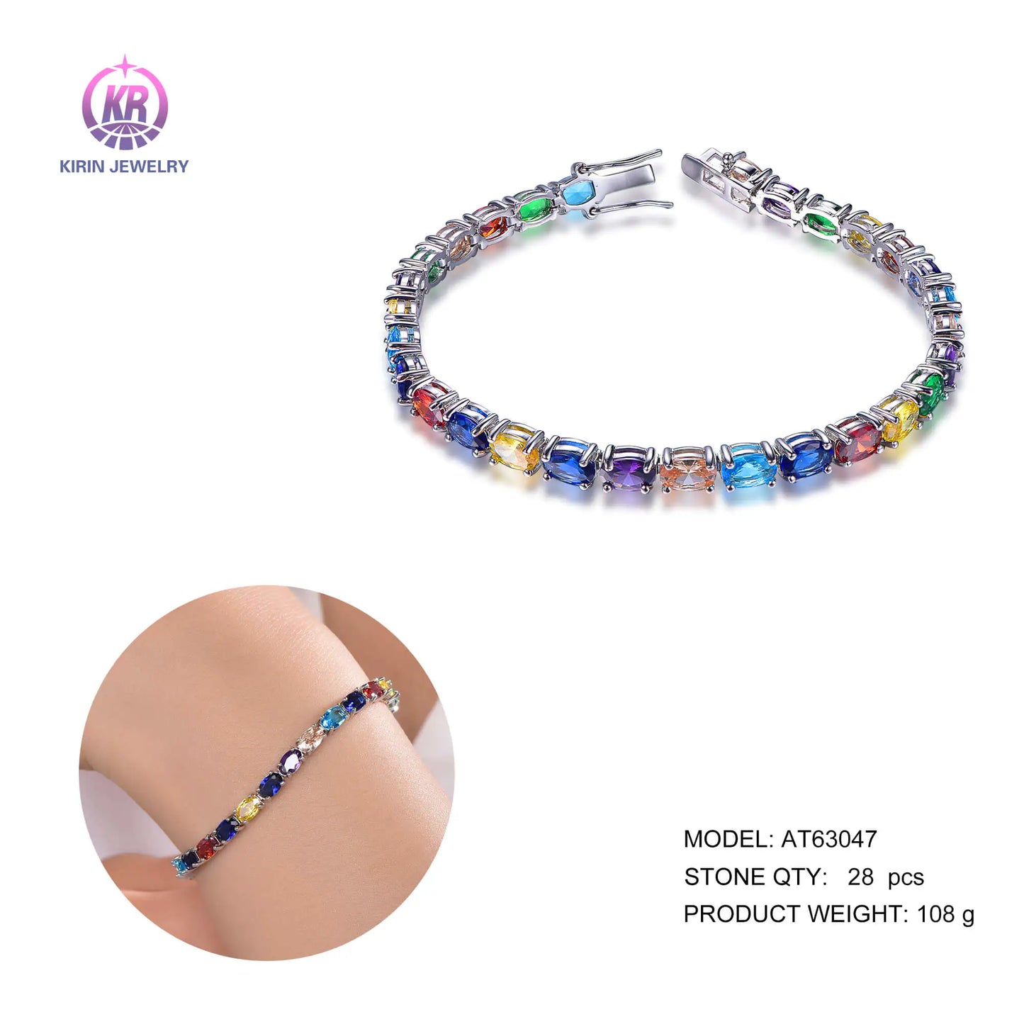 Custom 925 Silver CZ & Glass Mulit-Color Rainbow Gemstone Tennis Bracelet for Women