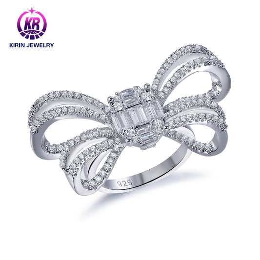 Custom 925 Silver CZ Lab Square Diamond Bow Shape Ring