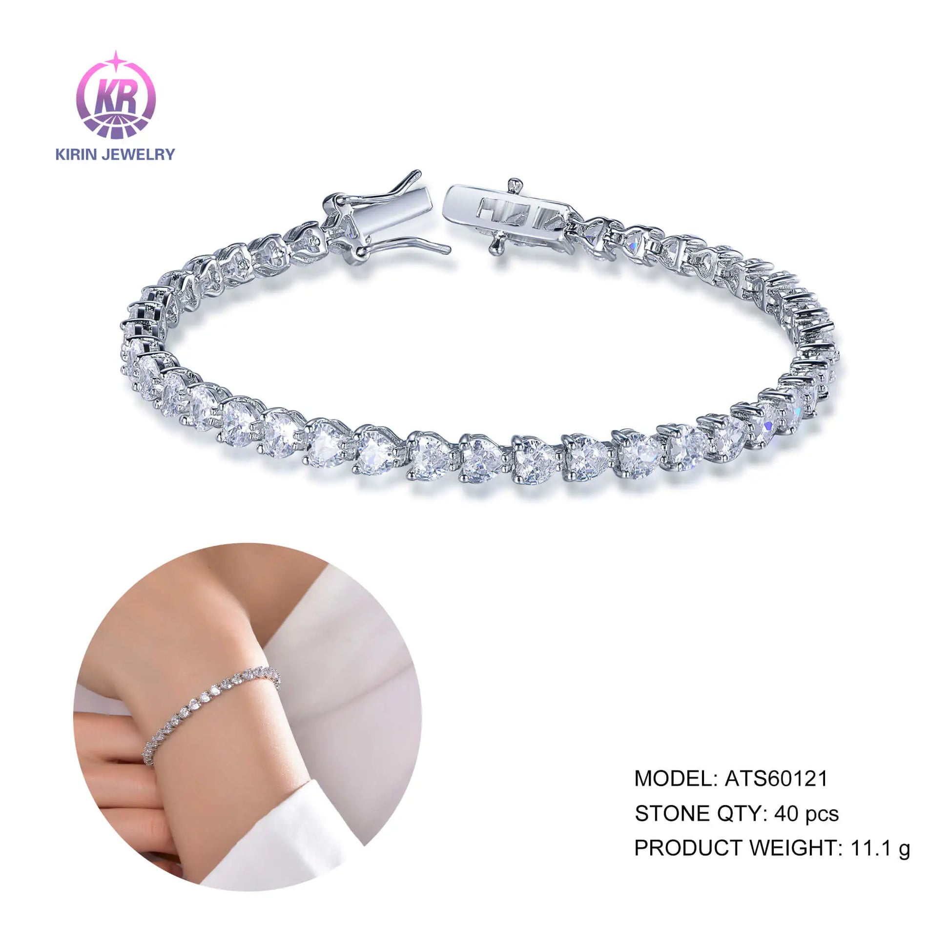 Custom 925 Silver Cubic Zircon Lab Created Diamond Heart Tennis Bracelet for Women