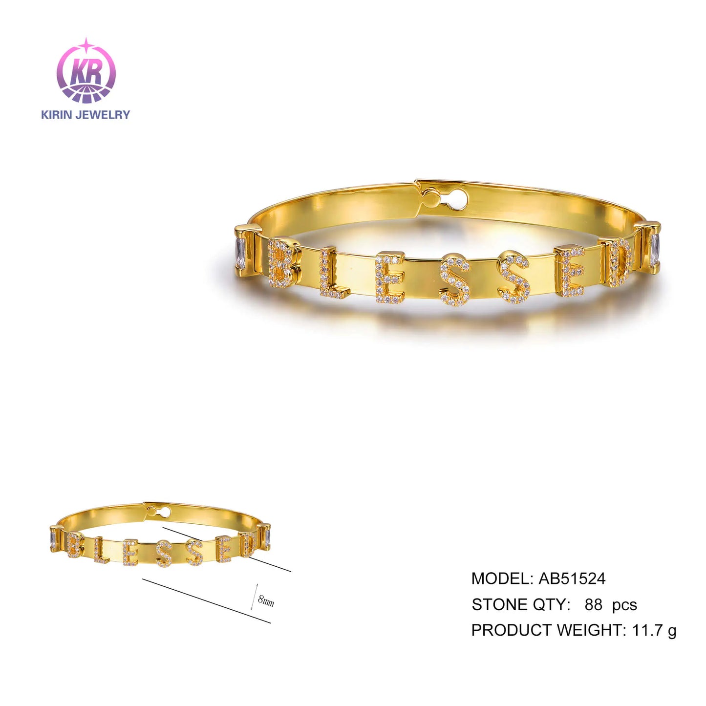 Custom 925 Silver Gold Plated Cubic Zircon Letter Bangle Bracelet