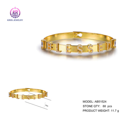 Custom 925 Silver Gold Plated Cubic Zircon Letter Bangle Bracelet