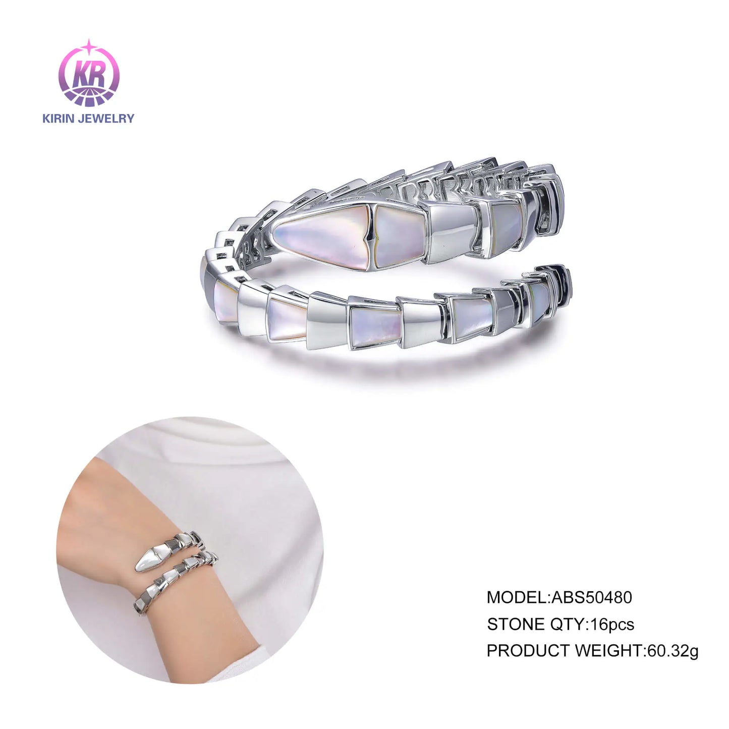 Custom 925 Silver Mother of Pearl Statement Open Snake Design Bangle for Women