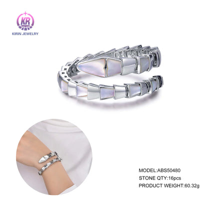 Custom 925 Silver Mother of Pearl Statement Open Snake Design Bangle for Women