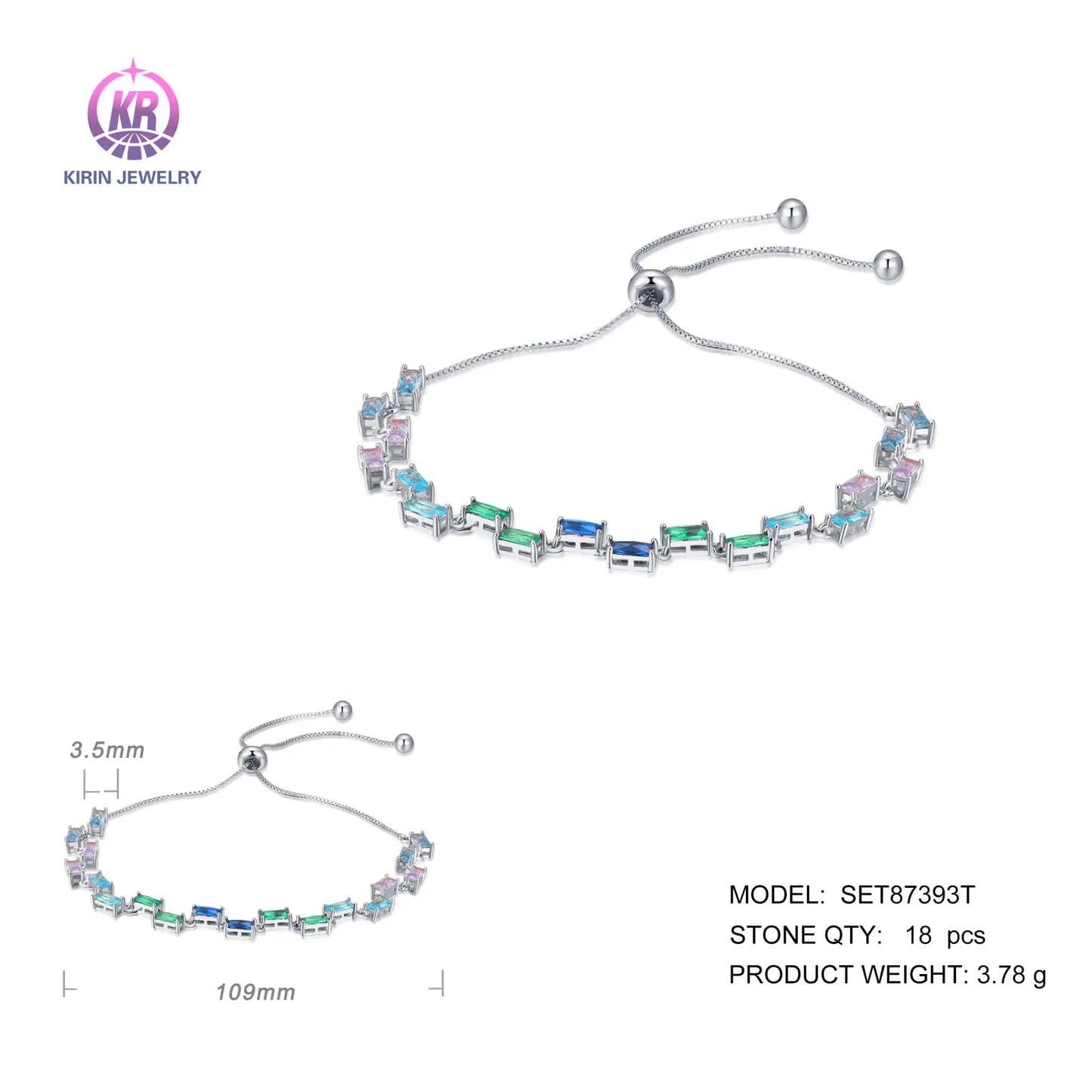 Custom 925 Silver Rectangle Spinel & Glass Multicolor Gemstone Bracelet for Women