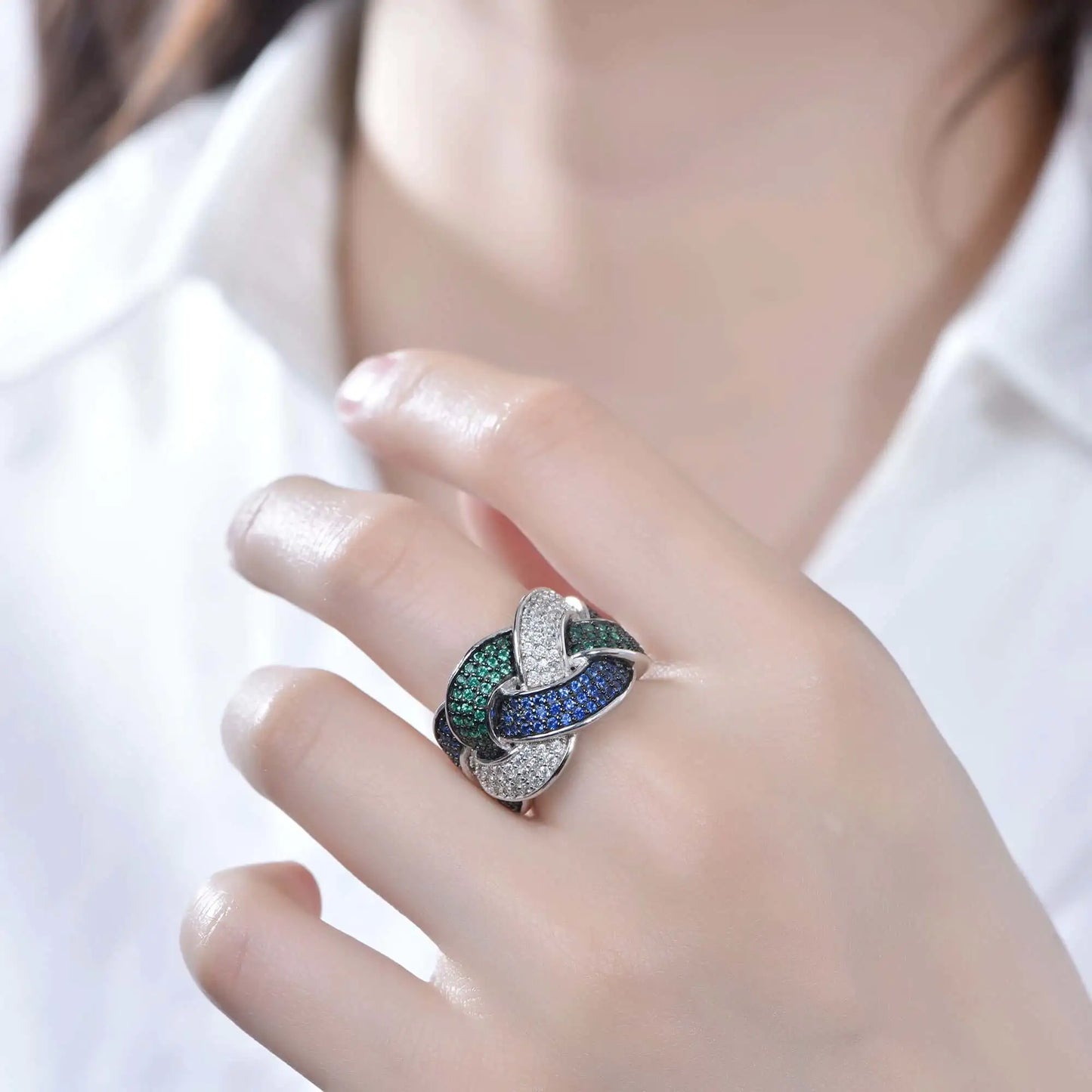 Custom Blue Green White Diamond Criss Cross Engagement Ring for Women