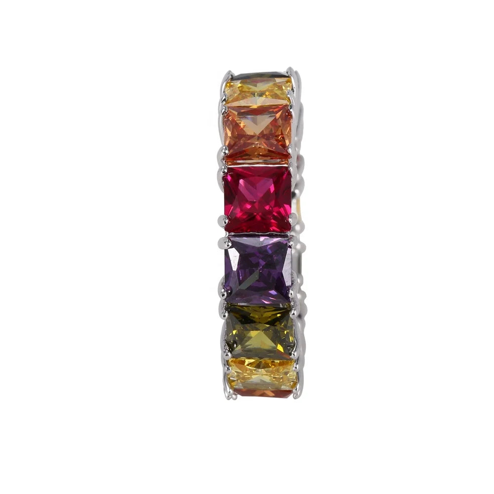 Custom CZ and Corundum Square Multi Color Gemstone Rainbow Engagement Ring