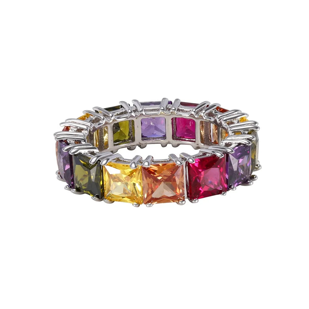 Custom Eternity Square Multi Color Gemstone Rainbow Engagement Ring
