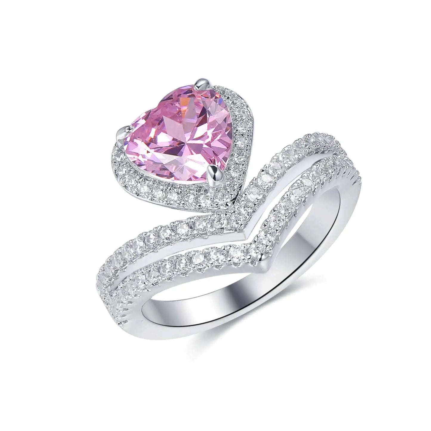 Custom Pave CZ Pointed Chevron Statement Pink Heart Shaped Engagement Rings