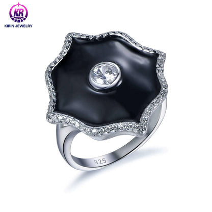 Custom Silver CZ Black Enamel Lab Created Diamond Flower Engagement Ring