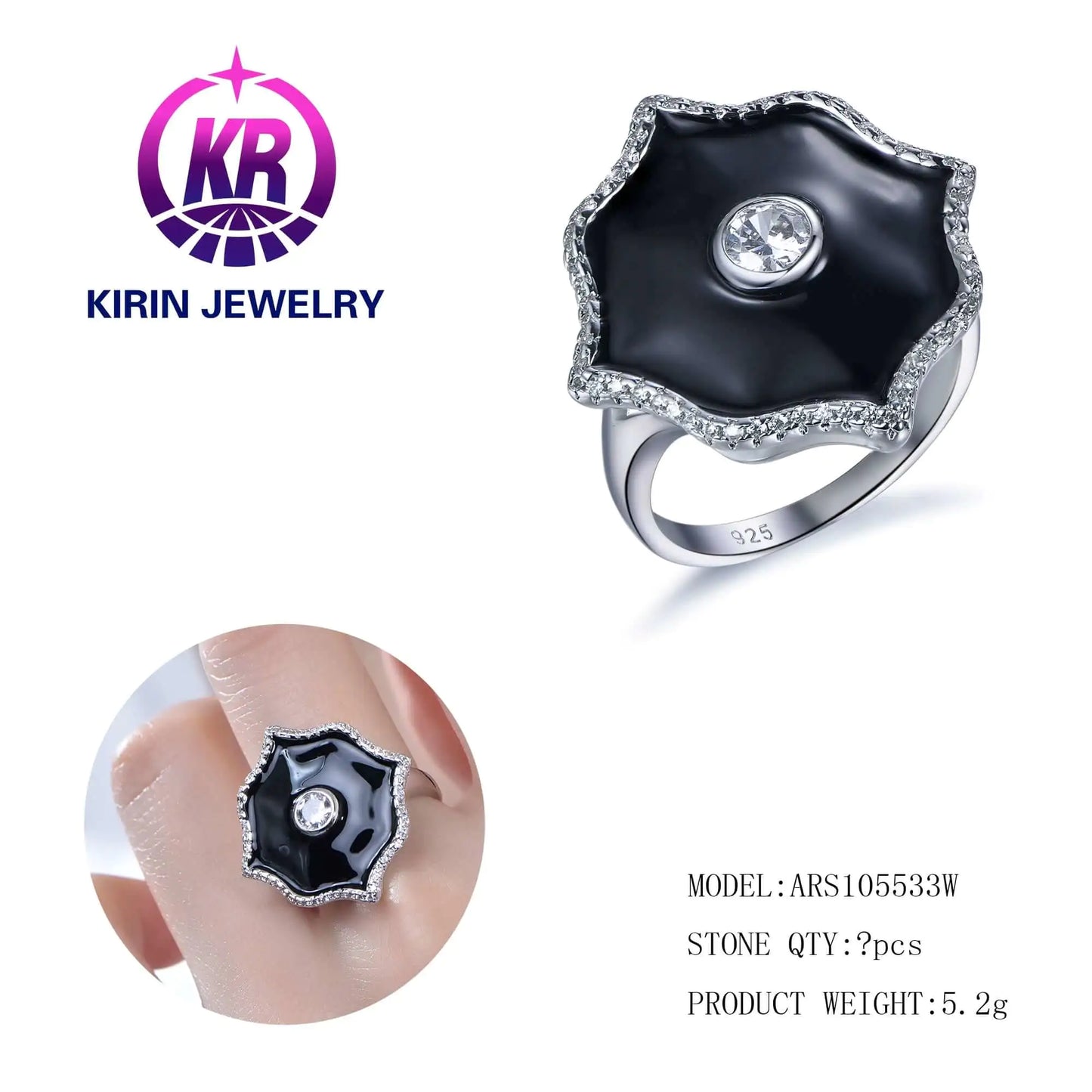 Custom Silver CZ Black Enamel Lab Created Diamond Flower Engagement Ring for Women