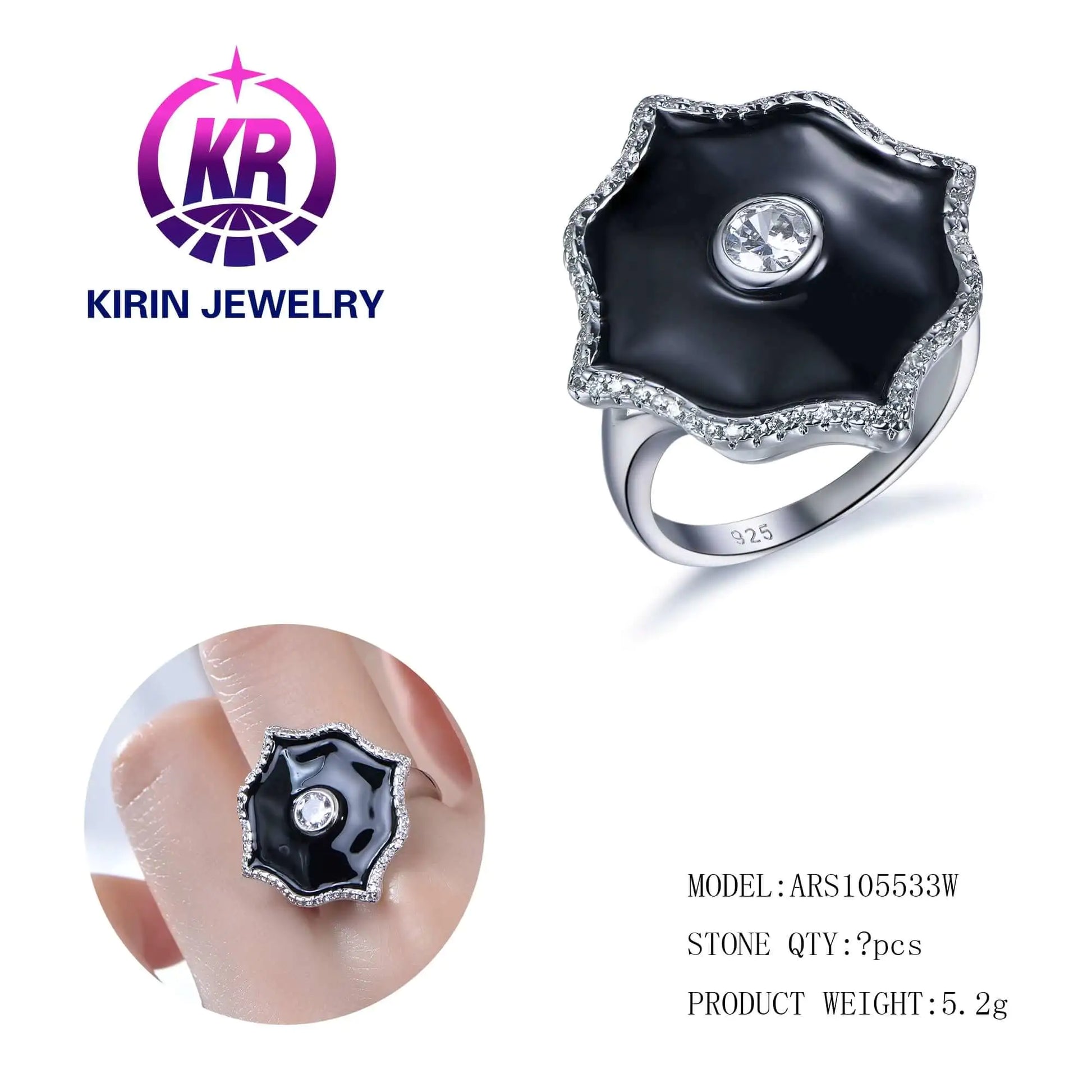 Custom Silver CZ Black Enamel Lab Created Diamond Flower Engagement Ring for Women
