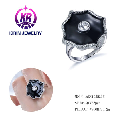 Custom Silver CZ Black Enamel Lab Created Diamond Flower Engagement Ring for Women