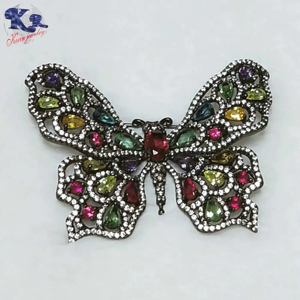 Custom Silver CZ & Corundum & Glass Multi Colored Vintage Butterfly Brooch