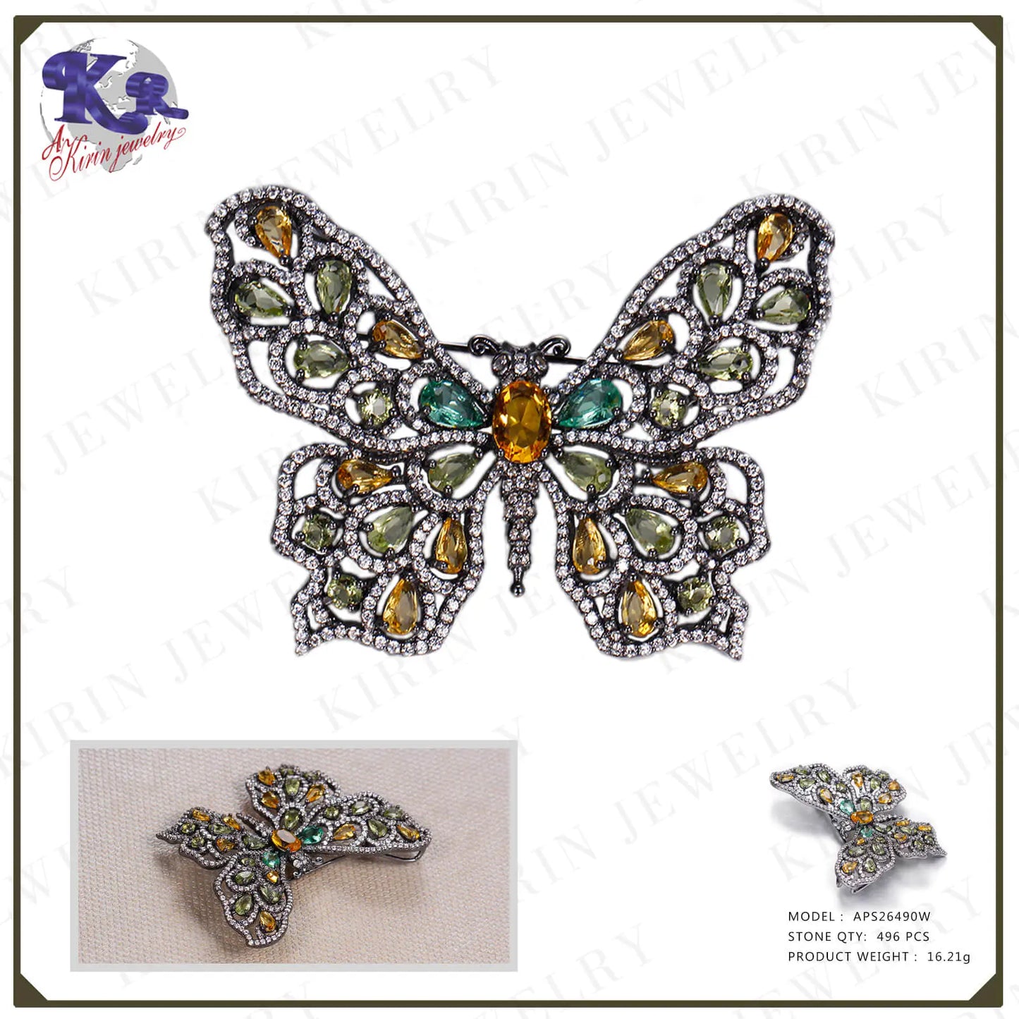 Custom Silver CZ & Corundum & Glass Multi Colored Vintage Butterfly Brooch for Women