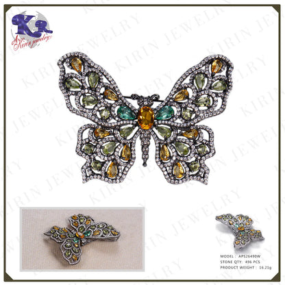 Custom Silver CZ & Corundum & Glass Multi Colored Vintage Butterfly Brooch for Women