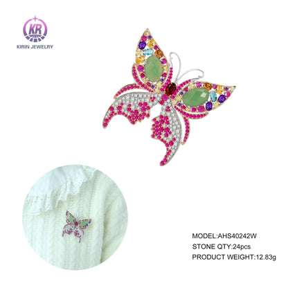 Custom Silver CZ & Corundum & Green Agate Colorful Vintage Butterfly Brooch Pin​ for Women