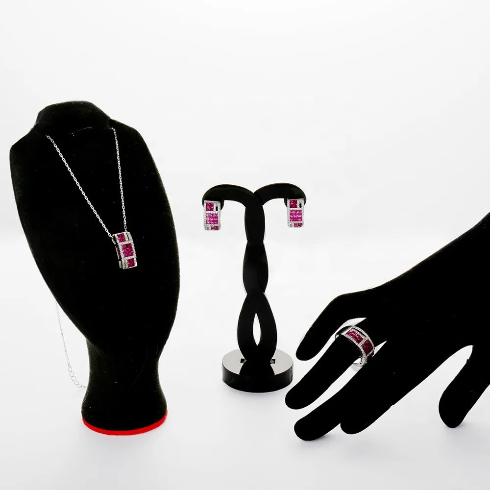 Custom Silver CZ & Corundum Lab Created Ruby 3 Piece Bridal Jewelry Sets