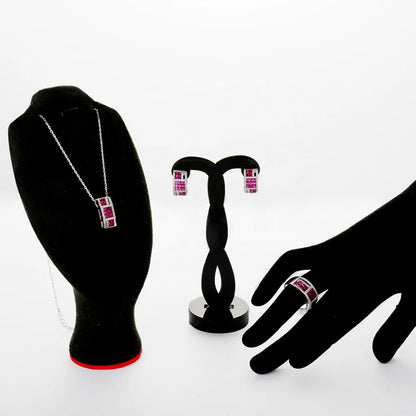 Custom Silver CZ & Corundum Lab Created Ruby 3 Piece Bridal Jewelry Sets