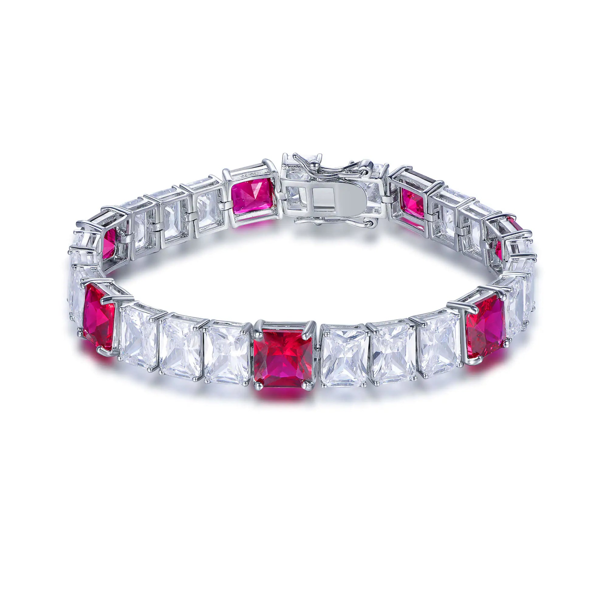 Custom Silver CZ & Corundum Lab Created Ruby and Diamond Tennis Bracelet