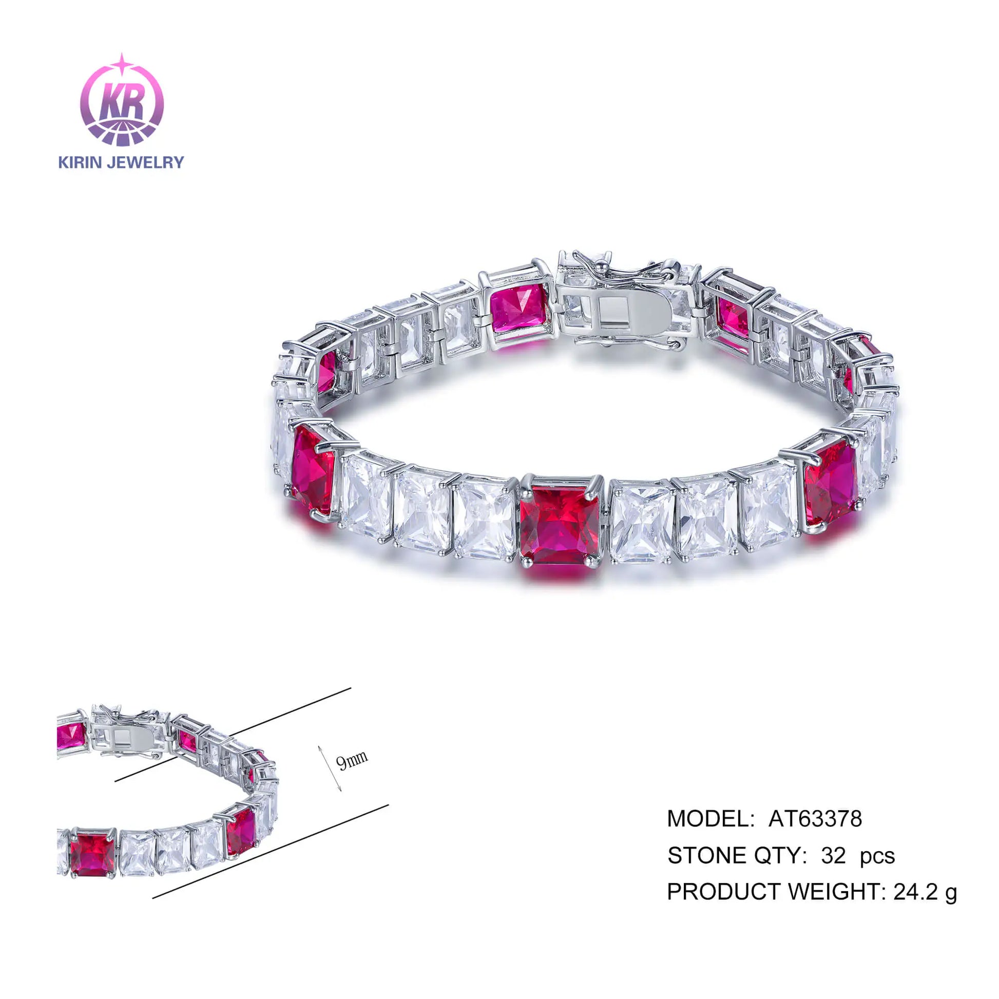Custom Silver CZ & Corundum Lab Created Ruby and Diamond Tennis Bracelet for Women