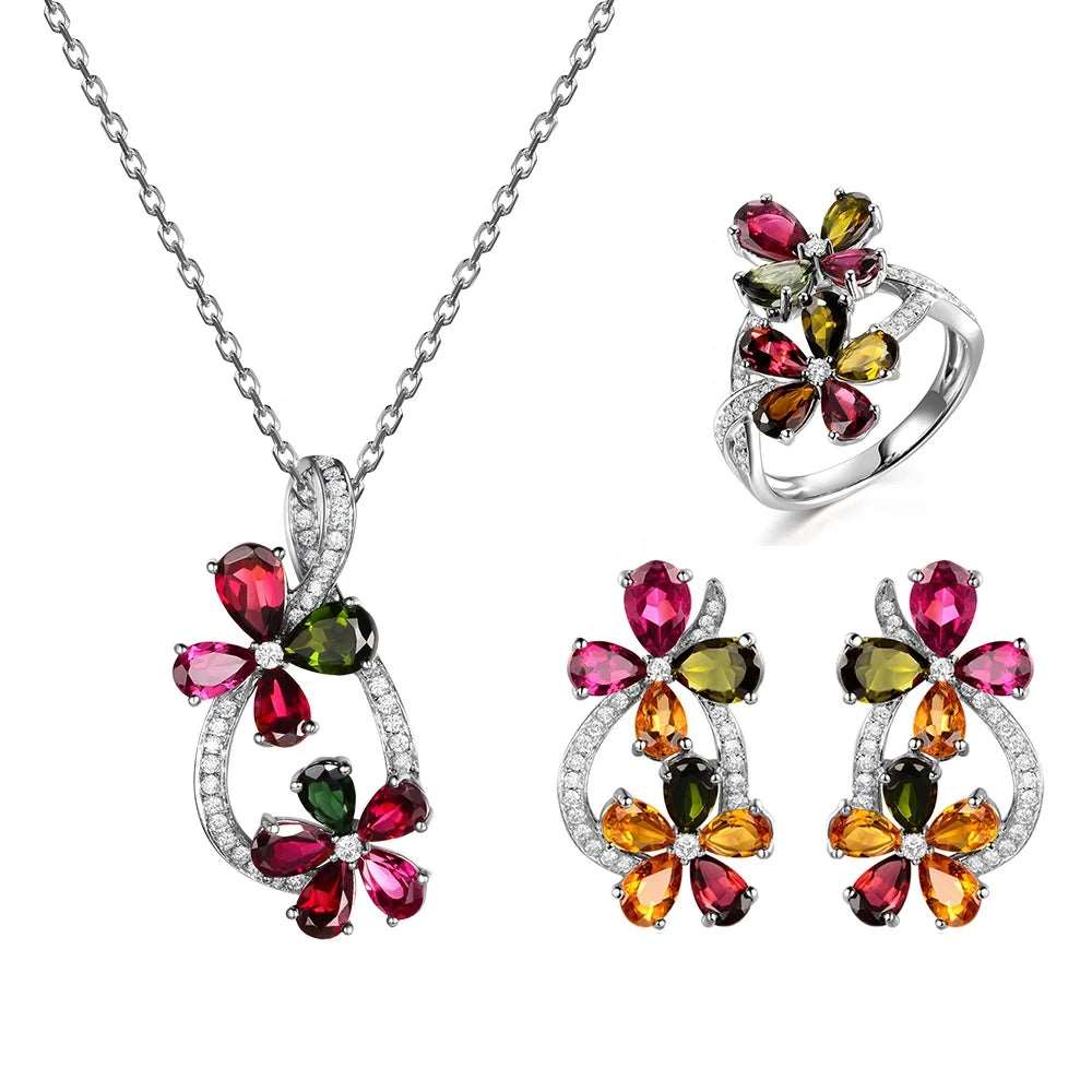 Custom Silver CZ & Corundum Mult-Color Gemstone Tear Drop Flower Bridal Jewelry Sets