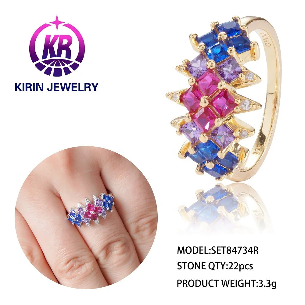 Custom Silver CZ & Corundum & Spinel Multicolor Ring Bridal Rainbow Jewelry Set