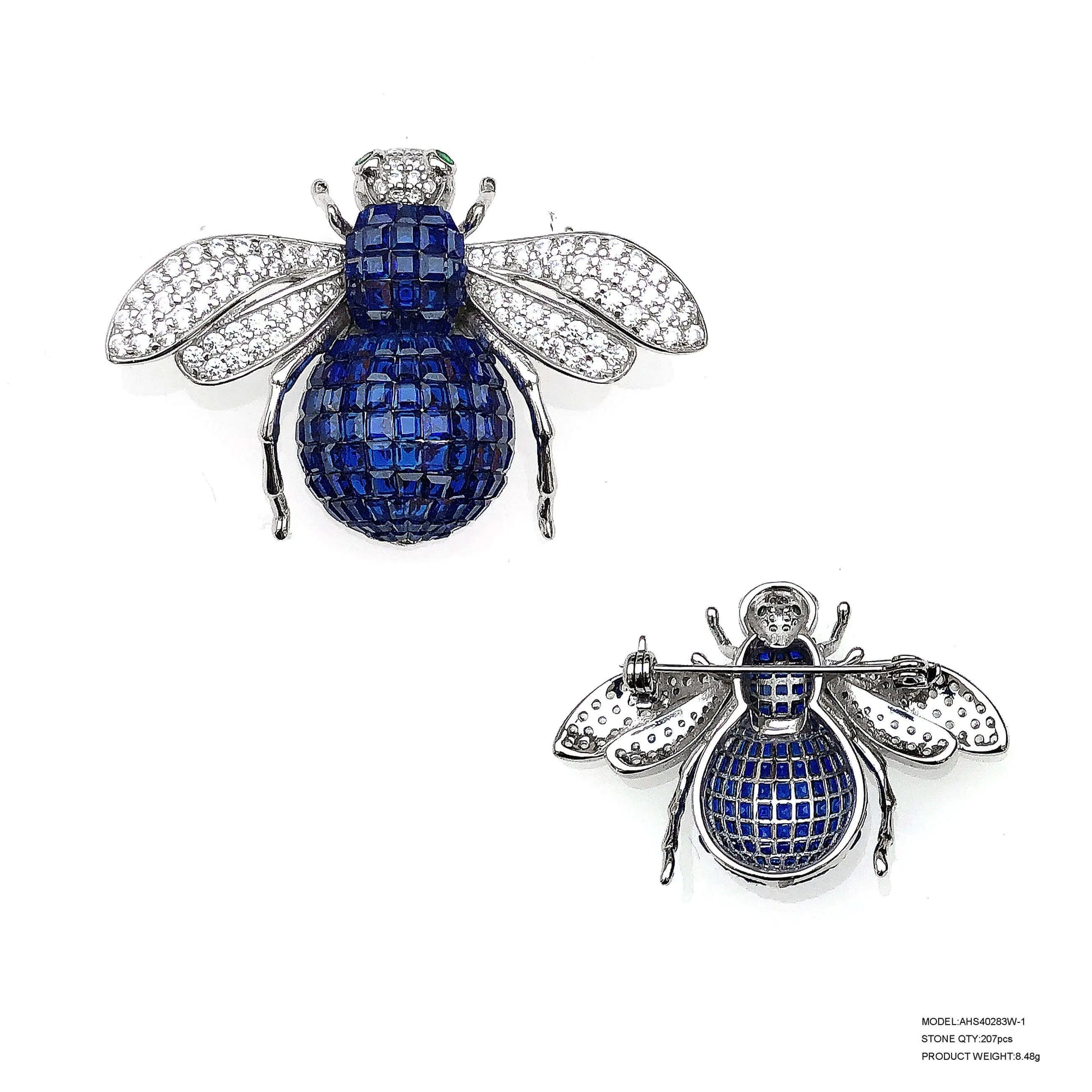 Custom Silver CZ & Corundum & Spinel Statement Blue Vintage Insect Brooches for Women