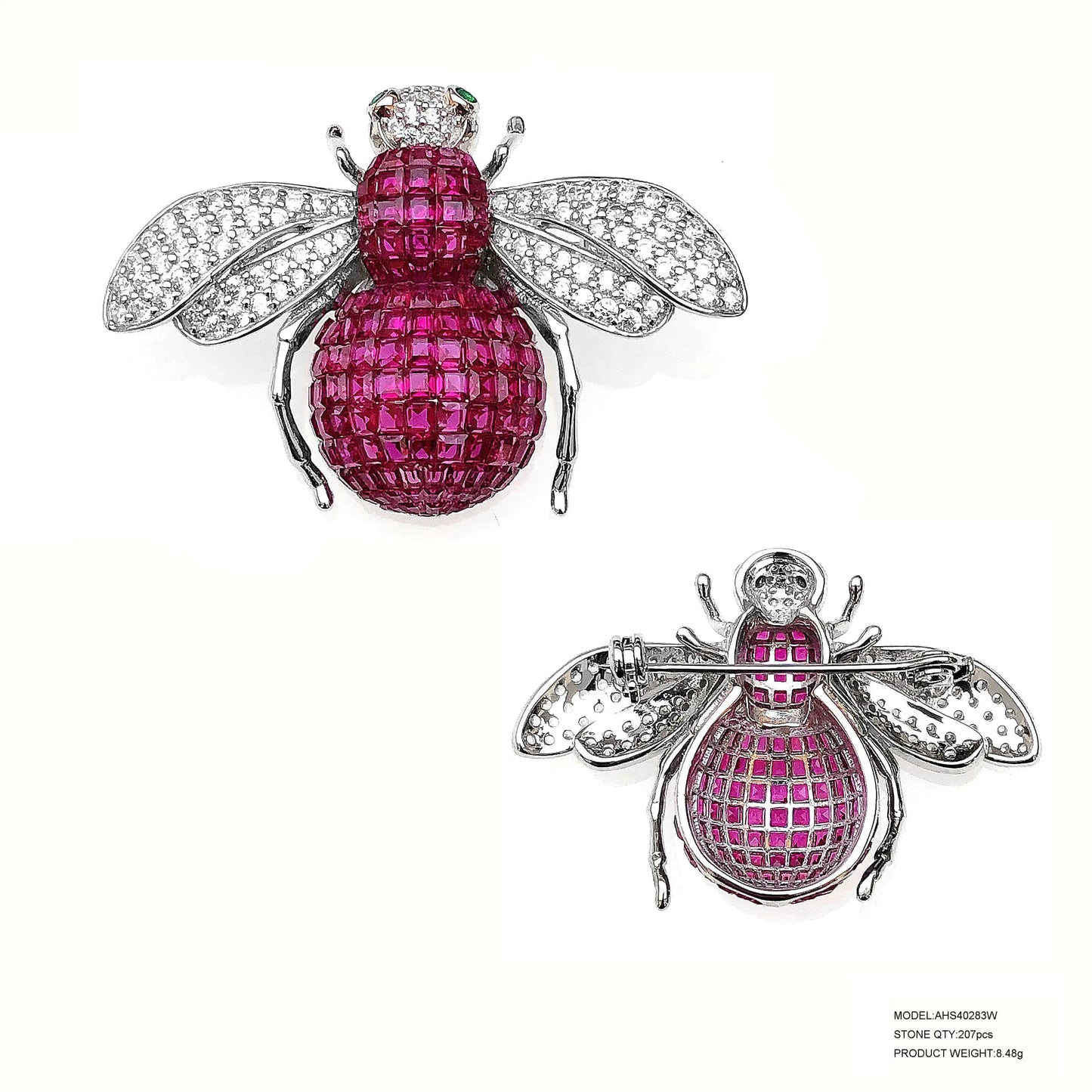 Custom Silver CZ & Corundum & Spinel Statement Red Vintage Insect Brooches for Women