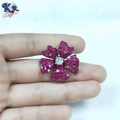 Custom Silver CZ & Corundum & Spinel Unique Design Floral Brooch for Women