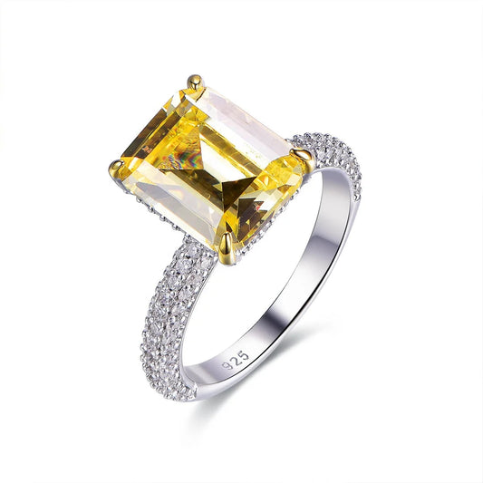 Custom Silver CZ Emerald Cut Lab Created Yellow Diamond Engagement Rings​