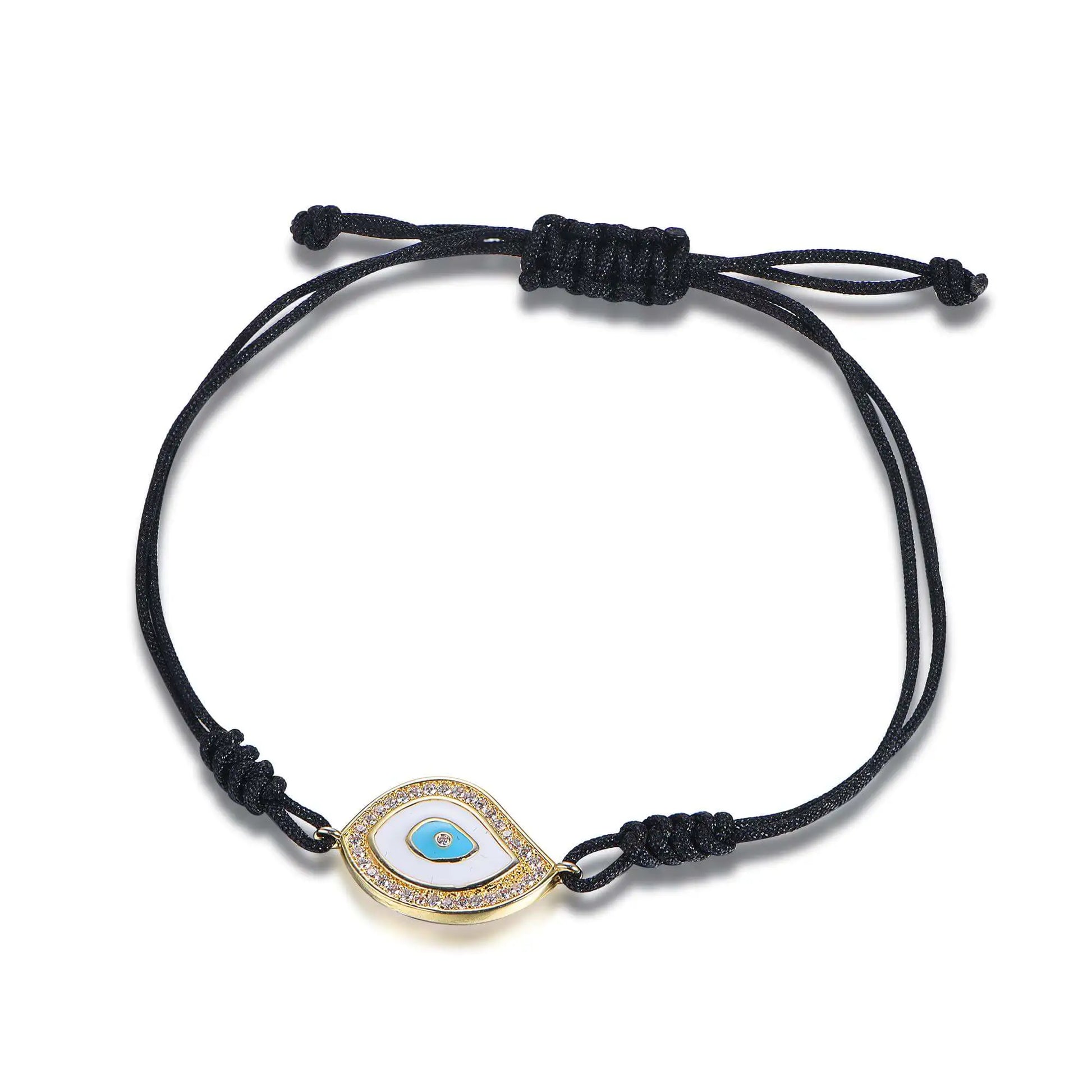 Custom Silver CZ & Enamel Adjustable Sliding Knot String Dainty Evil Eye Bracelet