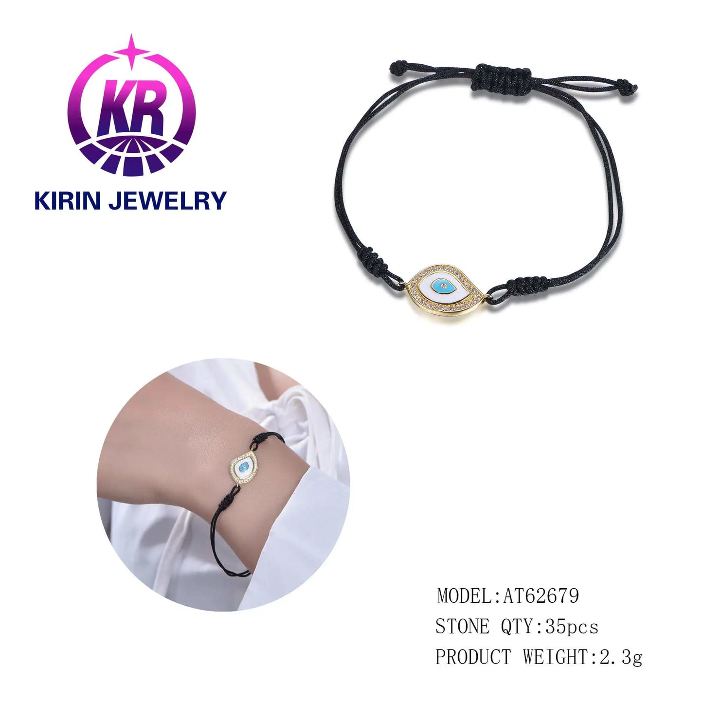Custom Silver CZ & Enamel Adjustable Sliding Knot String Dainty Evil Eye Bracelet for Women