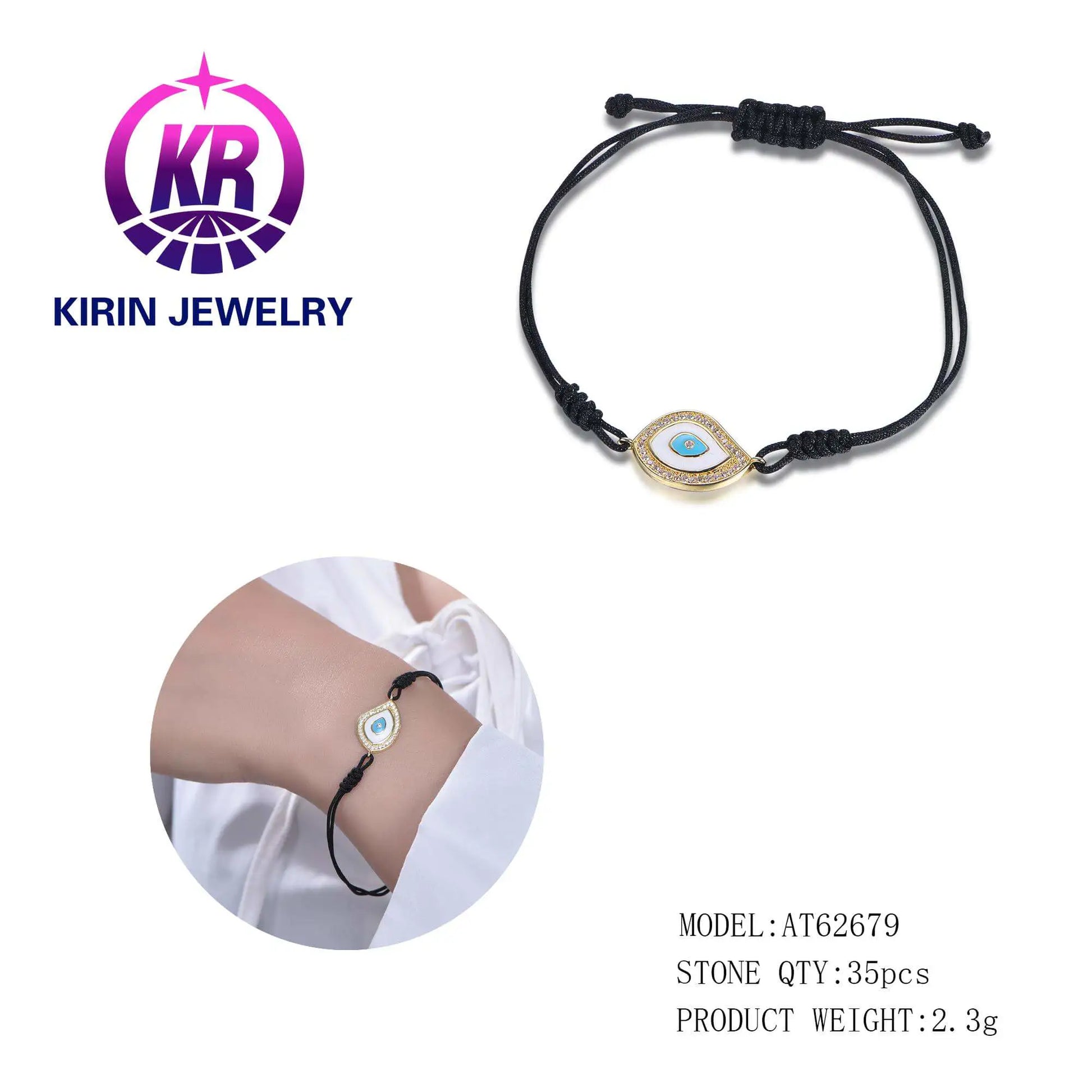 Custom Silver CZ & Enamel Adjustable Sliding Knot String Dainty Evil Eye Bracelet for Women