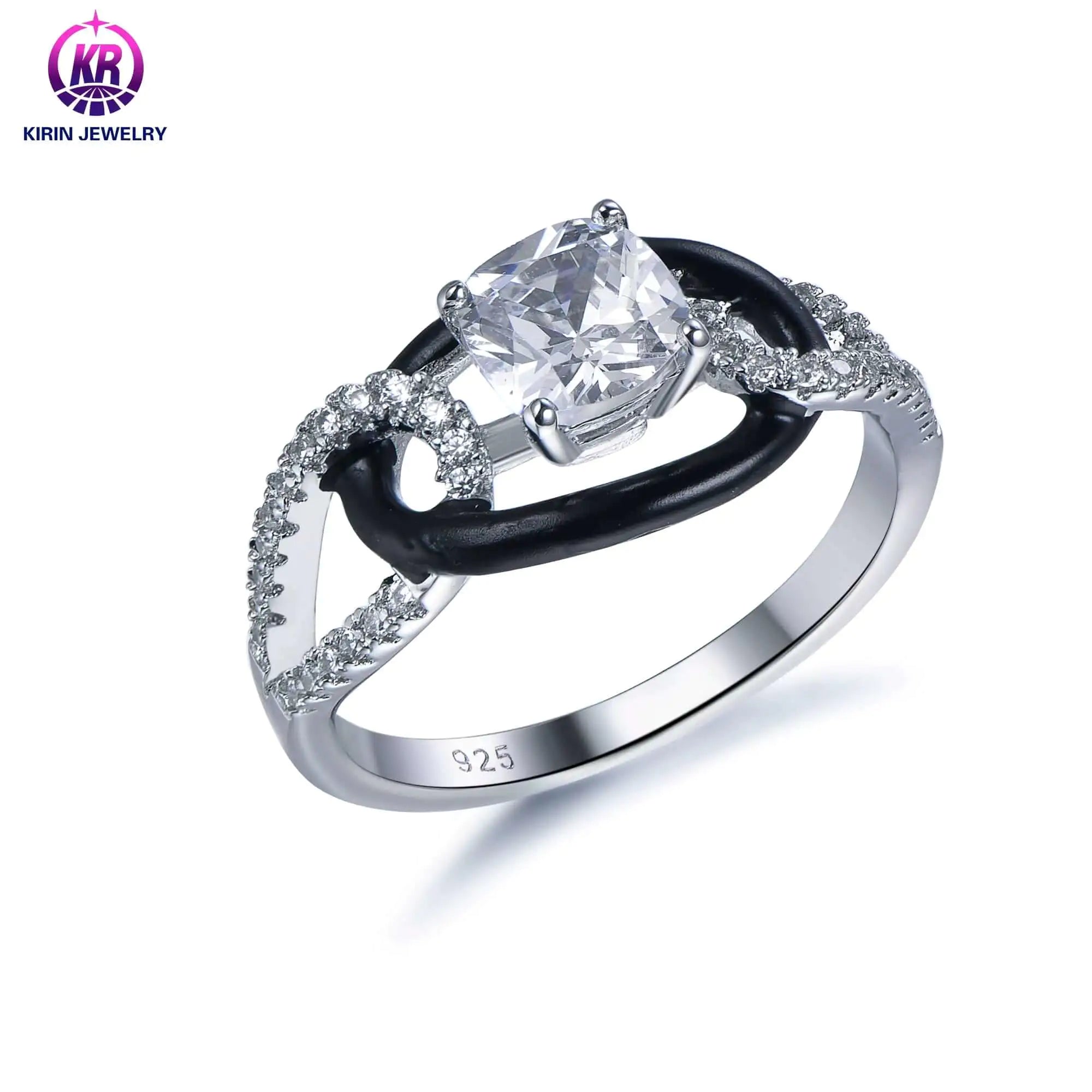 Custom Silver CZ & Enamel Twisting Curving Split Shank Engagement Ring ...