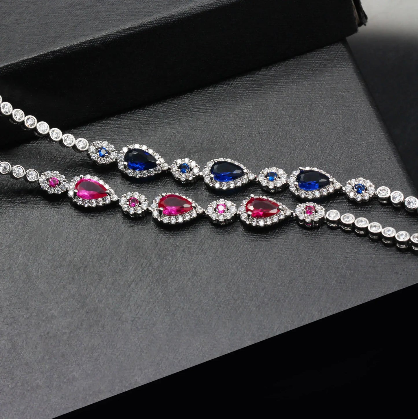 Custom Silver CZ & Glass & Corundum Chain Link Bracelet Simple Bridal Jewelry Sets