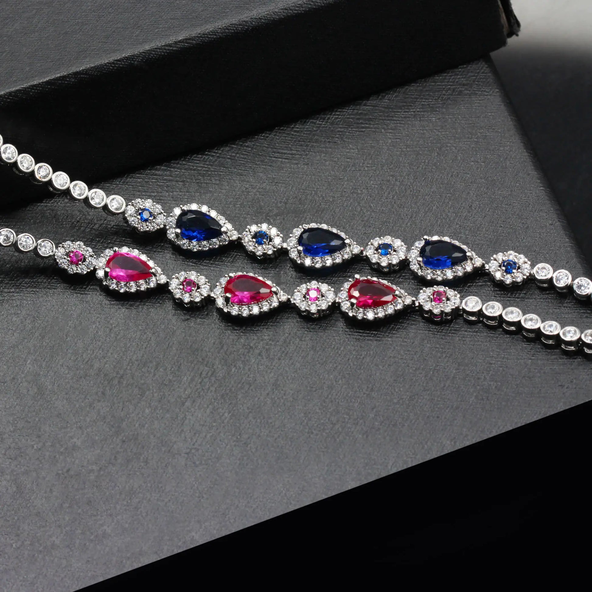 Custom Silver CZ & Glass & Corundum Chain Link Bracelet Simple Bridal Jewelry Sets