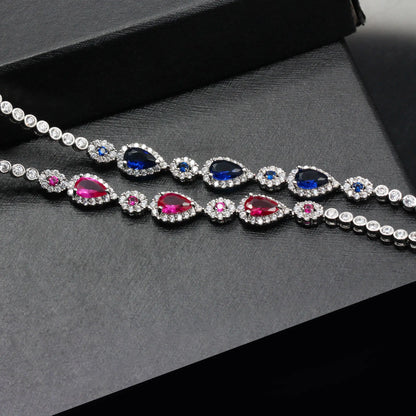 Custom Silver CZ & Glass & Corundum Chain Link Bracelet Simple Bridal Jewelry Sets